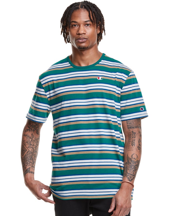 Champion T-Shirt Heren - Groen/Wit - Yarn-Dye Stripe C Logo ( 095264-LCK )